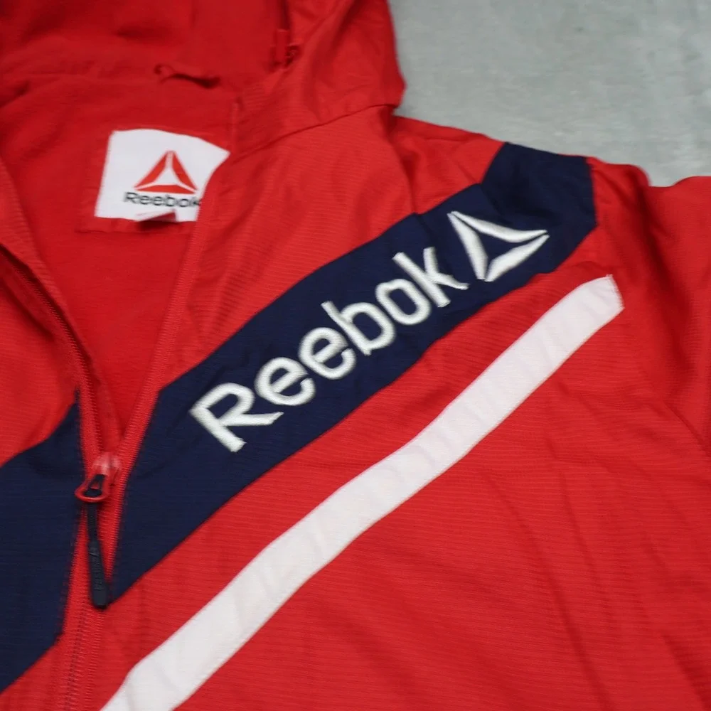 Reebok Jacket Mens XL Red Fleece Lined Full Zip Hooded Light Retro Windbreaker